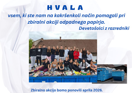 ZBIRALNA AKCIJA ODPADNEGA PAPIRJA - zahvala